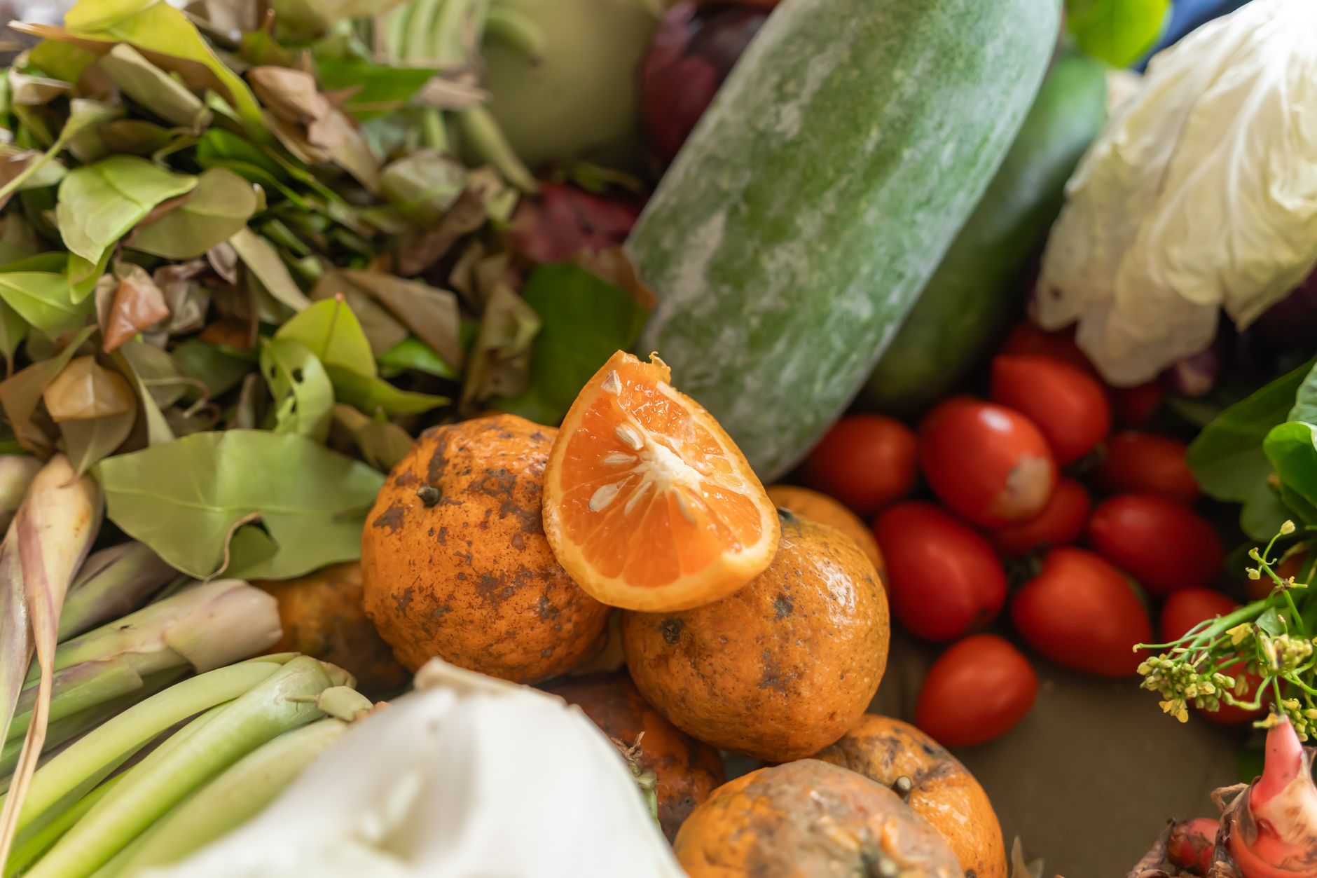 Colorful assortment of fresh organic vegetables and fruits including oranges, cucumbers, and tomatoes.