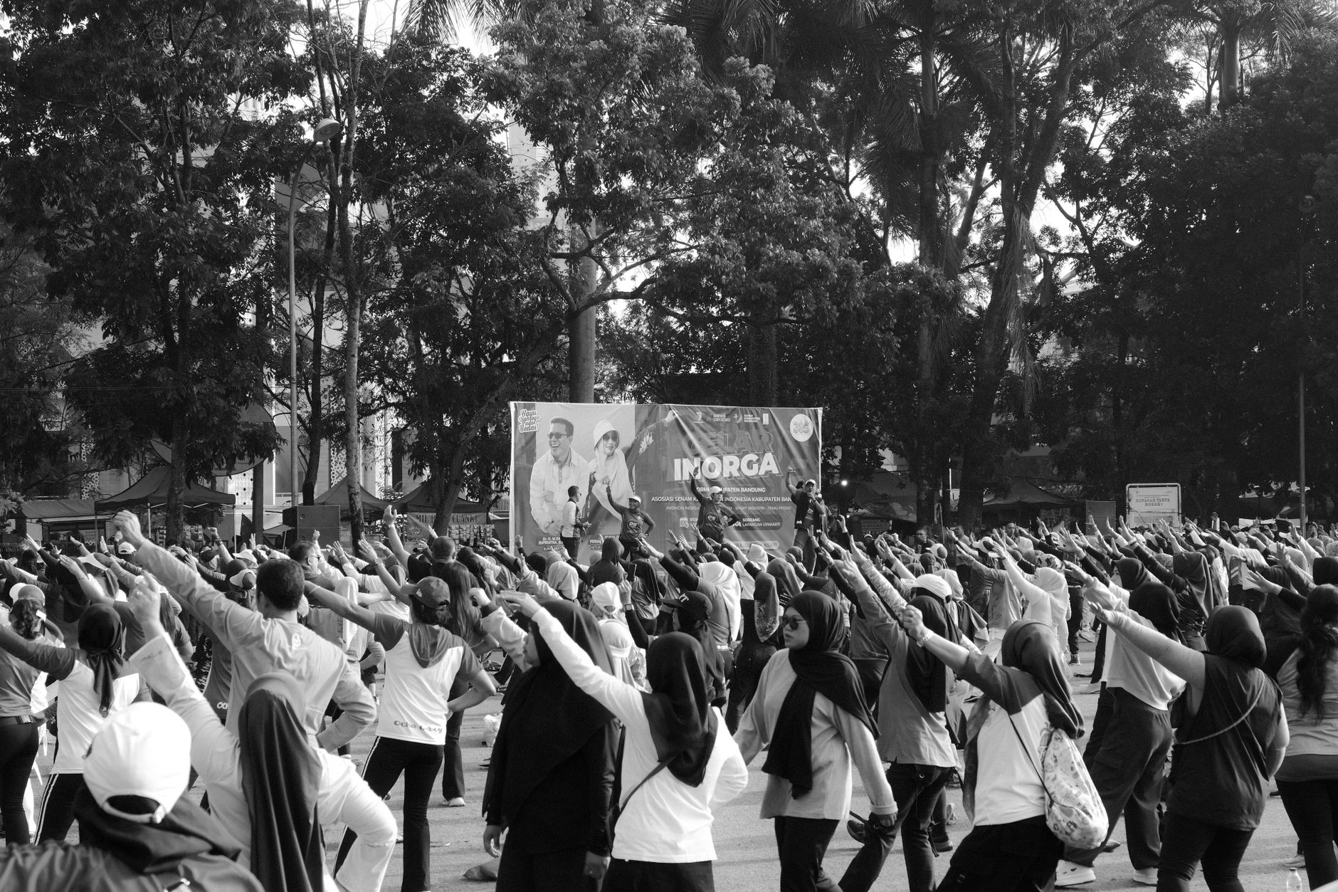A large group of people participating in an outdoor fitness class in a park, embracing wellness and community spirit.